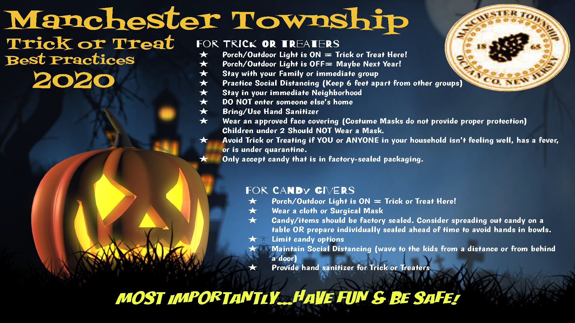 Trick or Treat Oct. 31, 2020 Manchester Township